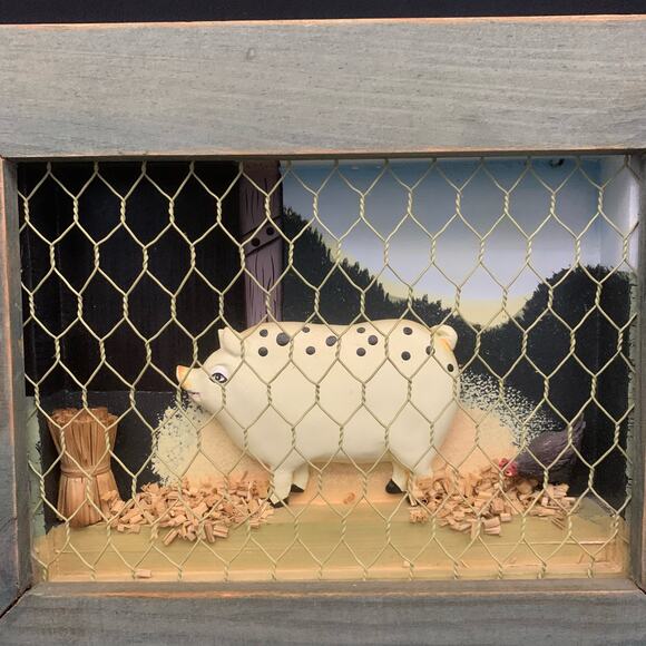 Vintage Other - Vintage Pig & Chicken Folk Art Shadow Box Wall Hanging